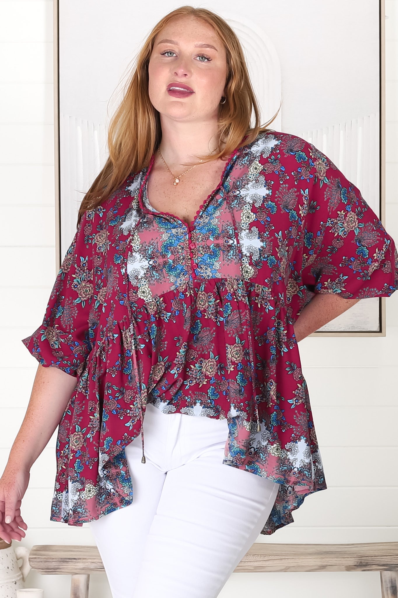 JAASE - Chloe Top: Very Oversized Crochet Trim Neckline Smock Top in Strawberry Kiss Print
