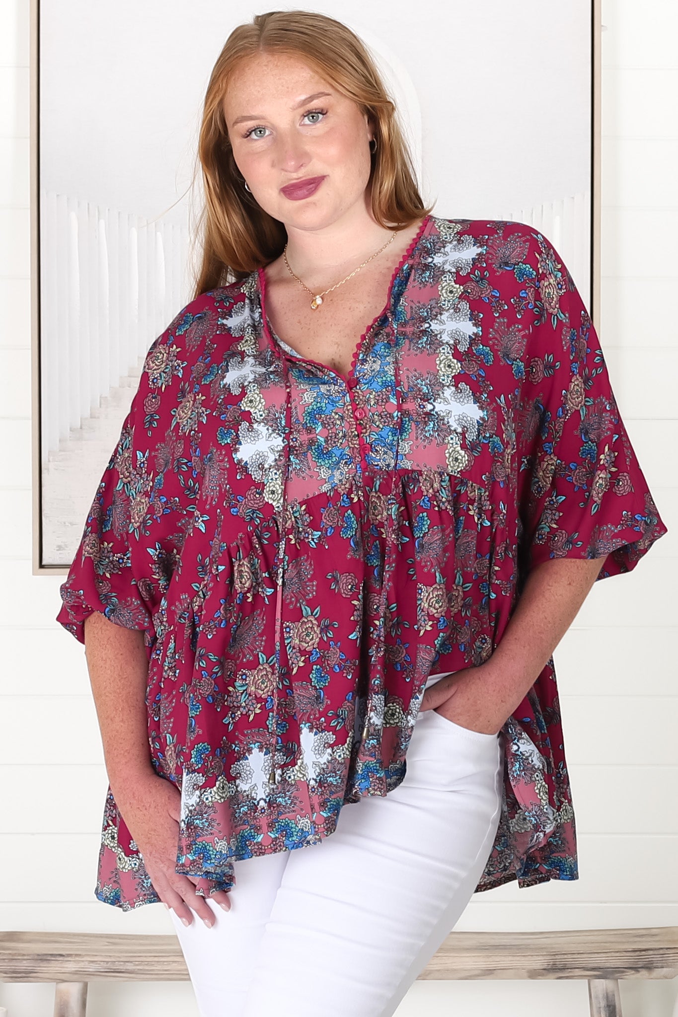 JAASE - Chloe Top: Very Oversized Crochet Trim Neckline Smock Top in Strawberry Kiss Print