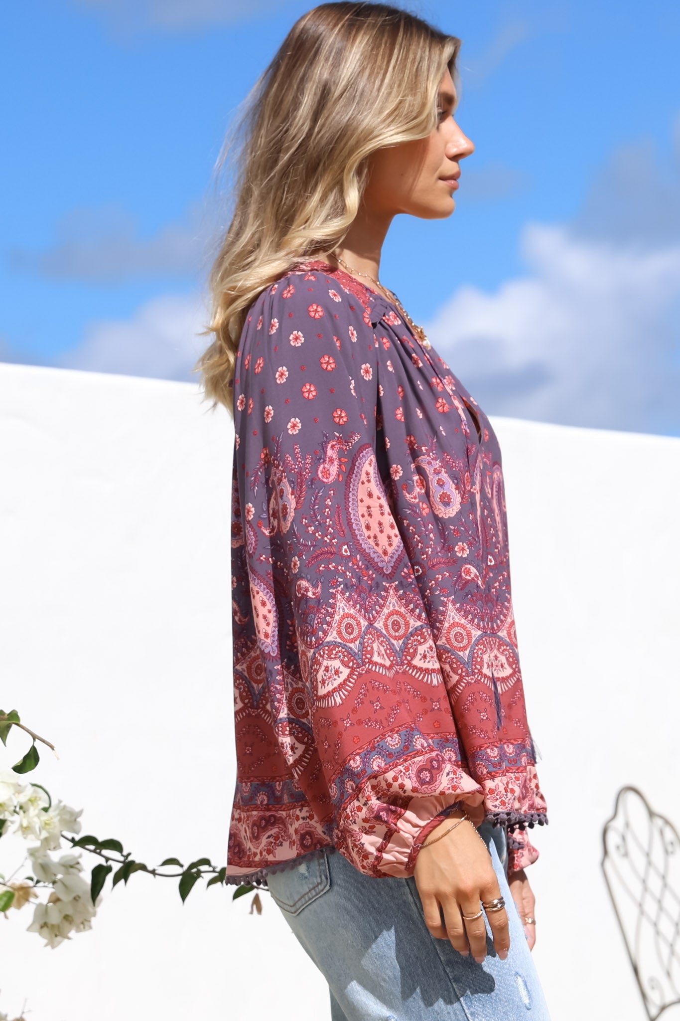 JAASE - Rue Top: V Neck Smock Top with Crochet Trim in Dancing Daisy Print