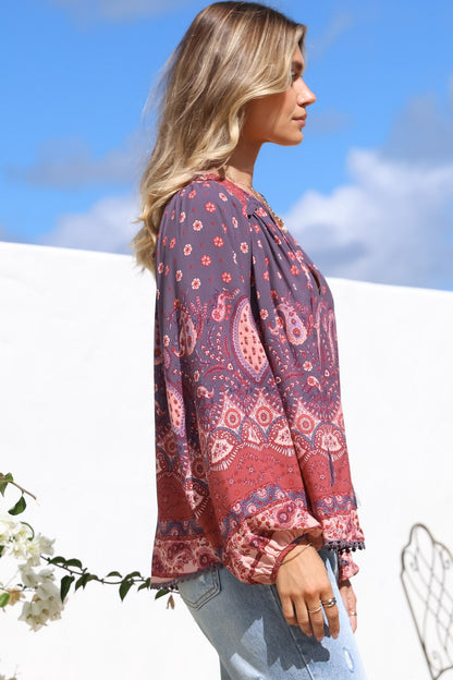 JAASE - Rue Top: V Neck Smock Top with Crochet Trim in Dancing Daisy Print