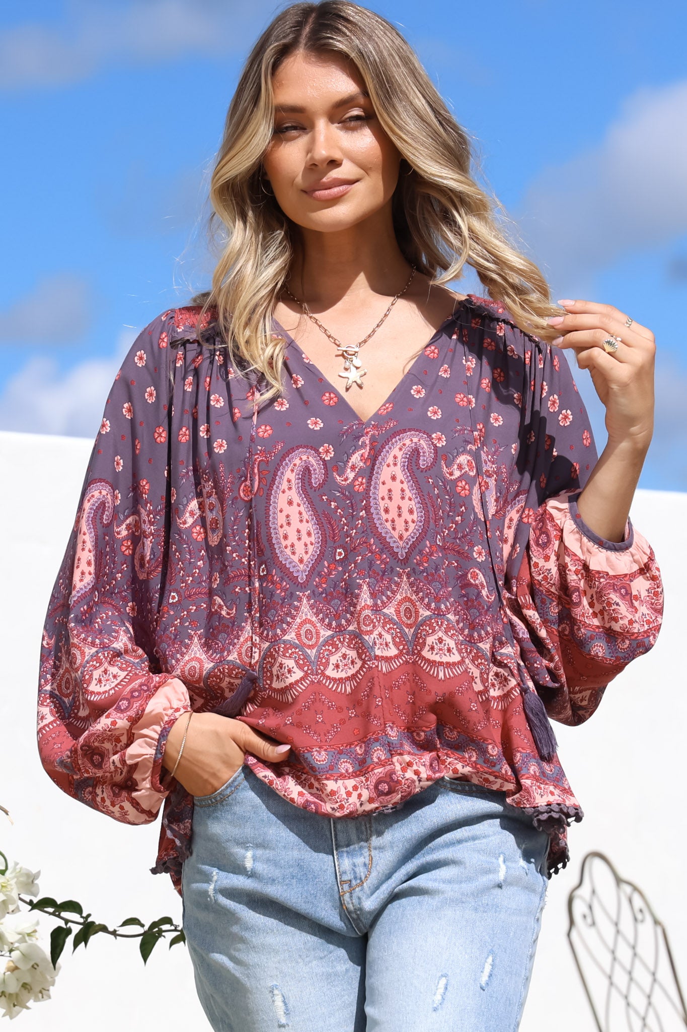 JAASE - Rue Top: V Neck Smock Top with Crochet Trim in Dancing Daisy Print