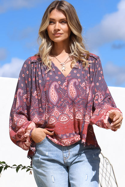 JAASE - Rue Top: V Neck Smock Top with Crochet Trim in Dancing Daisy Print